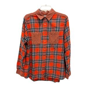 Uniqlo Top Womens XL Orange‎ Plaid Flannel Contrast Collar Pockets Lightweight